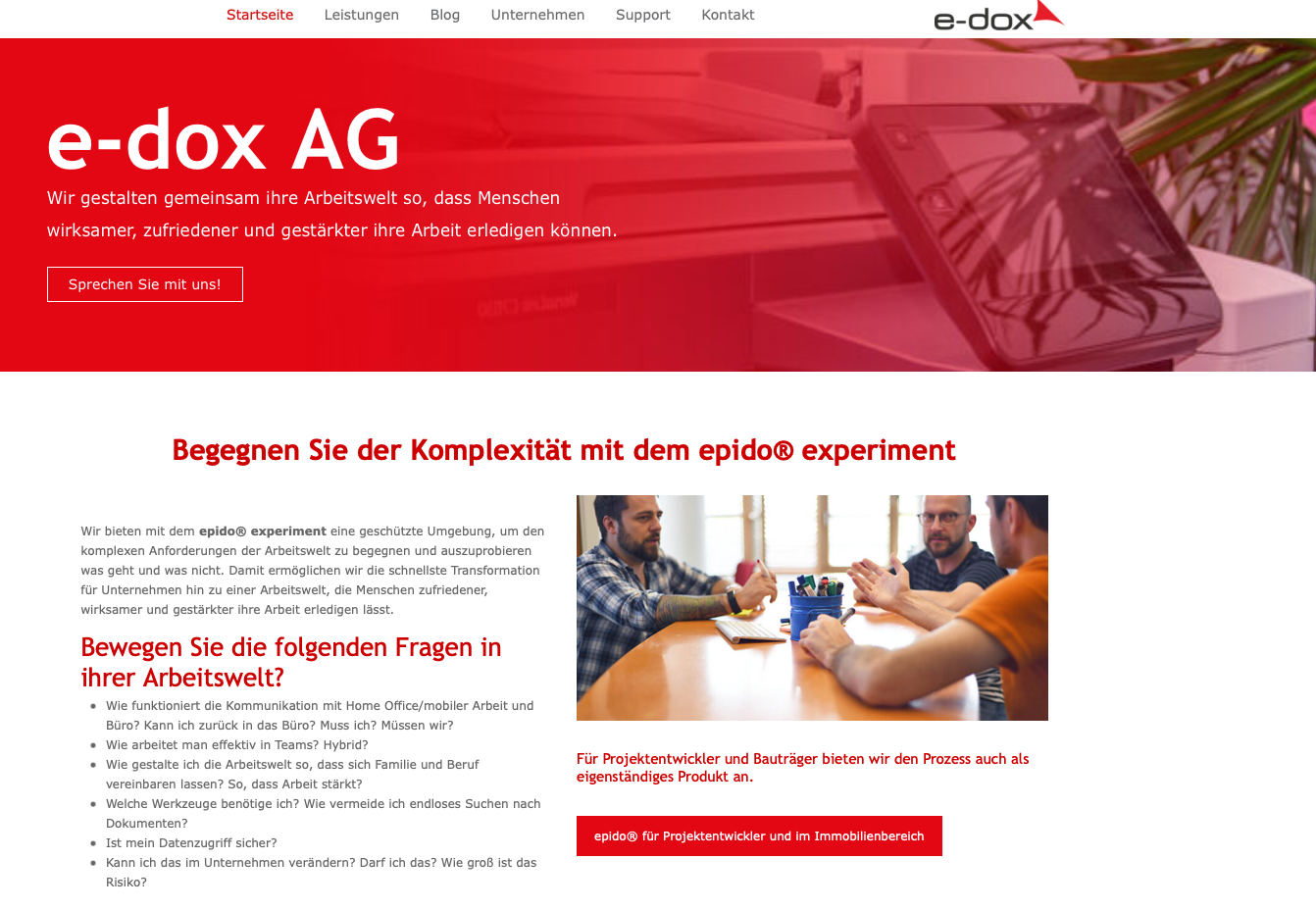 Die Startseite der e-dox AG